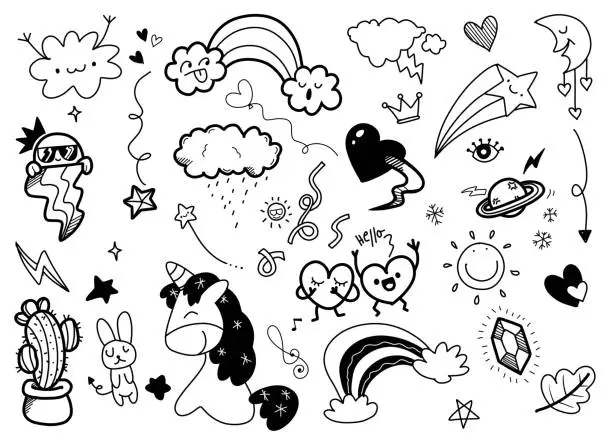 Vector illustration of Black and White Hand Drawn Doodles of Cute Elements