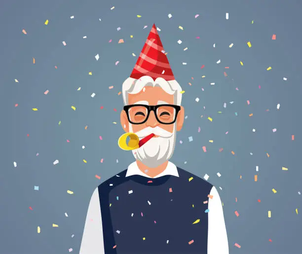 Vector illustration of Senior Man Blowing a Party Whistle Celebrating Birthday Vector Character