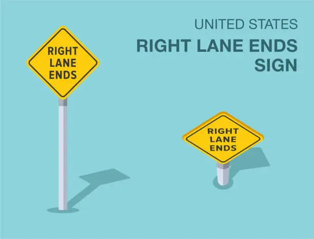 Vector illustration of Traffic regulation rules. Isolated United States right lane ends road sign. Front and top view. Vector illustration template.