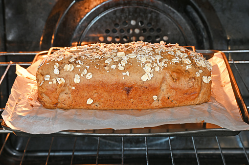 baking loaf of bread in oven