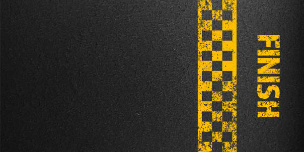 asphalt road with yellow finish line marking, concrete highway surface, texture. street traffic lane, road dividing strip. pattern with grainy structure, grunge stone background. vector illustration - stone asphalt road dirty stock illustrations