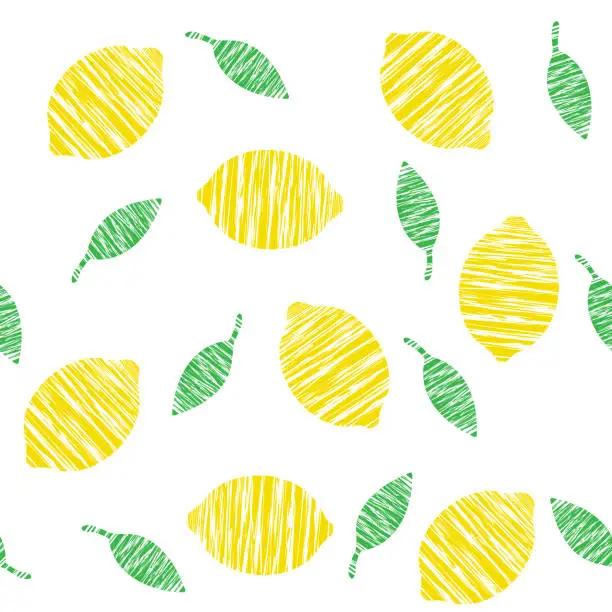 Vector illustration of Yellow lemon fruits and green leaves isolated on white background. Seamless pattern.