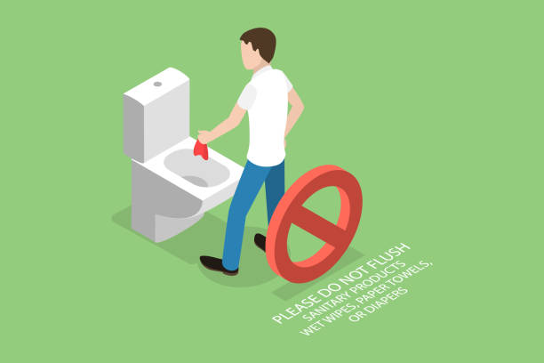 3D Isometric Flat Vector Conceptual Illustration of Do Not Flush Sanitary Products 3D Isometric Flat Vector Conceptual Illustration of Do Not Flush Sanitary Products, Toilet Litter Sign throwing in the towel illustrations stock illustrations