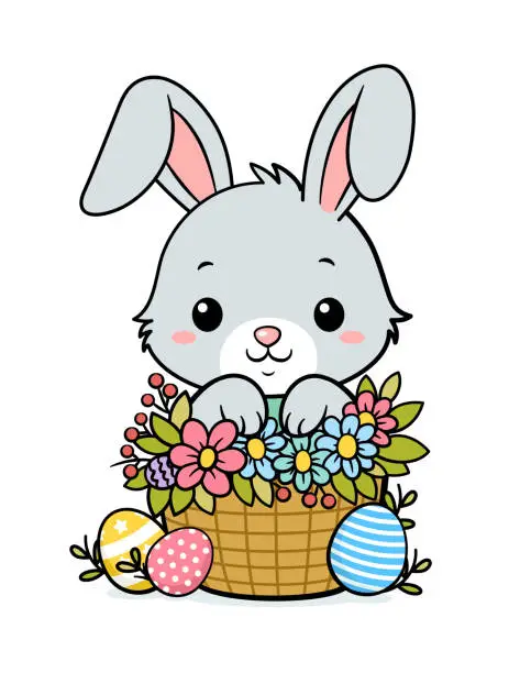 Vector illustration of Cute Easter Bunny In A Basket With Flowers