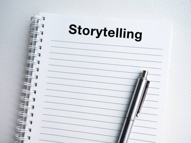 istock Storytelling, creativity, imagination concept. Text Storytelling headline on blank white spiral notebook, vertical page with silver pen on white background. Empty space on note for content creation. 2074765755