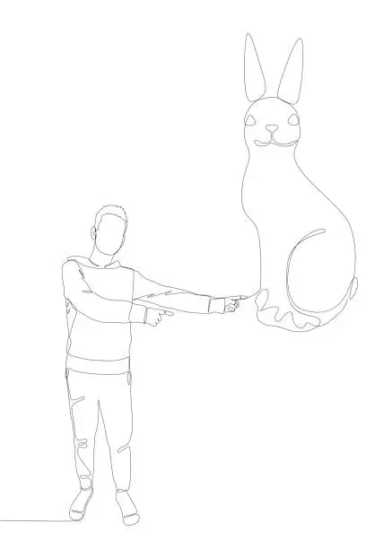 Vector illustration of One continuous line of Man pointing with finger at Rabbit. Thin Line Illustration vector concept. Contour Drawing Creative ideas.