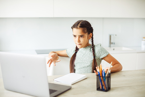 Schoolgirl with pigtails sitting at home at laptop and doing homework