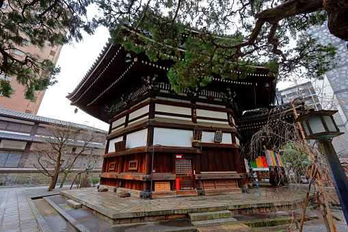 Kyoto, Japan- February 10th, 2023: Chohoji (Rokkakudo) Temple, a Historic hexagonal Buddhist temple at Donomaecho, Nakagyo, Kyoto, Japan
