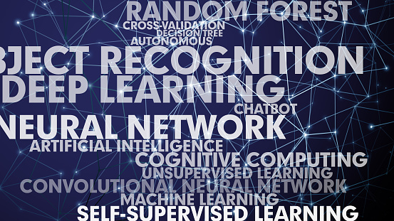 Algorithm for ai artificial intelligence texts and connected lines exploring machine learning, neural networks, and technology