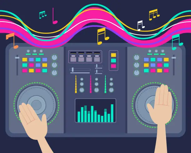 Vector illustration of DJ hands mixing tracks on turntable at party