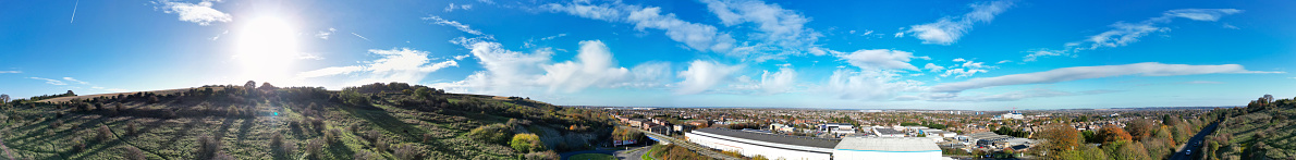 Aerial Ultra Wide Panoramic View of Luton and Dunstable Town of England UK. November 13th, 2023
