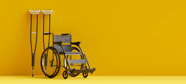 istock Copy space background of crutches and wheelchair. 3d rendering 2074839180