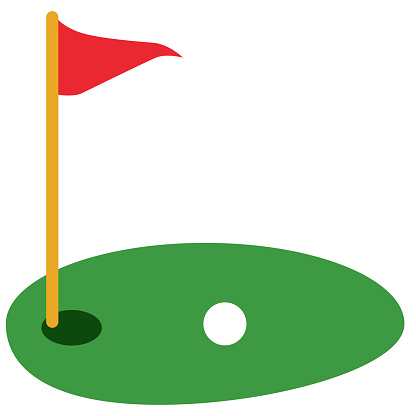 Golf course green with flag icon. Flagstick and golf ball sign. golf red flag on green grass and hole logo. Golf course symbol. flat style.