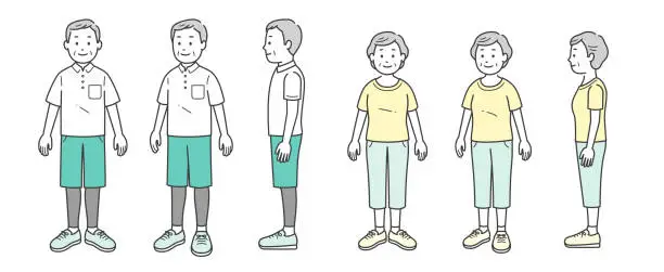 Vector illustration of Full-body illustration set of elderly men and women standing in short-sleeved jerseys