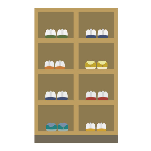 Illustration of indoor shoes in a shoe rack at a school entrance Illustration of indoor shoes in a shoe rack at a school entrance 靴 stock illustrations