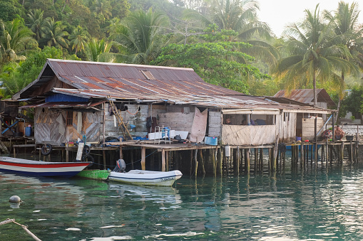 Raja Ampat, Indonesia - 26 April 2023: Floating village in Raja Ampat Islands