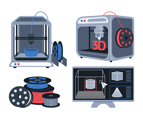 3d printers,plastic wire and computer modeling. 3D printing concept. Devices producing object from polymer. Isolated vector flat illustration.