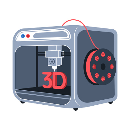 3D printing concept. Device produced object from polymer. Isolated vector flat illustration