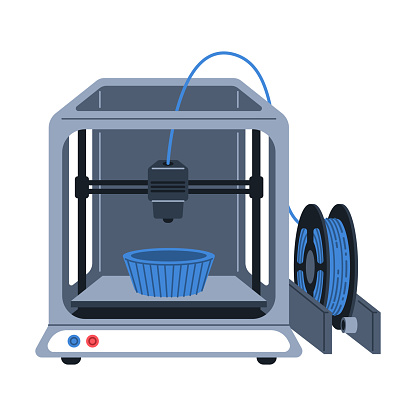 3D printing concept. Device produced object from polymer. Isolated vector flat illustration.