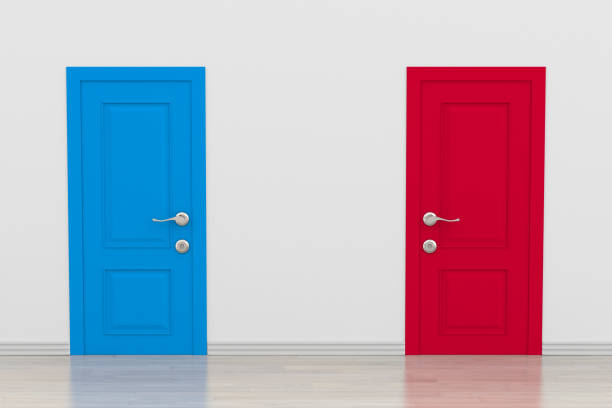 istock blue and red door in hall. 3D illustration 2074877944