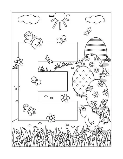 Vector illustration of Easter letter E coloring page with painted eggs. E is for Easter. E is for eggs.