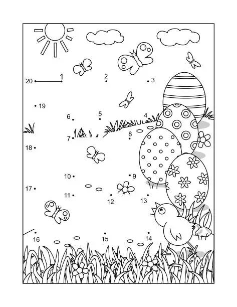 Vector illustration of Easter letter E dot-to-dot activity and coloring page with painted eggs. E is for Easter. E is for eggs.