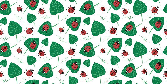 Seamless pattern with Ladybug and green leaves. vector illustration