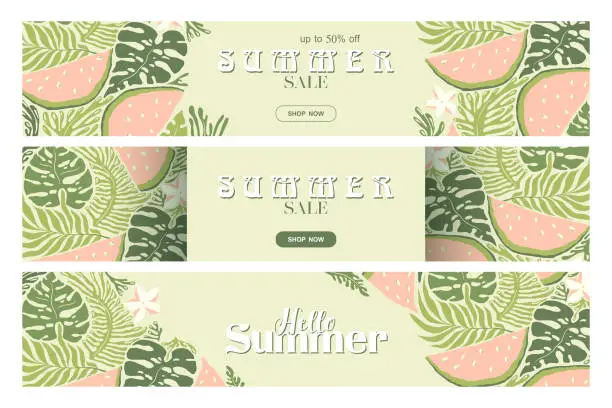 Vector illustration of Summer sale vector banner templates collection with abstract watermelons, tropical plants, exotic flowers isolated on light green background. Illustration for advertising, card, website