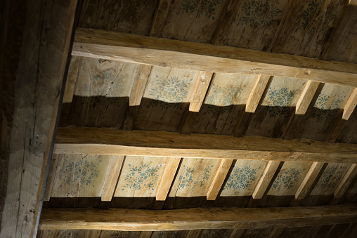 Blue stenciled timber roof in Rome, Italy