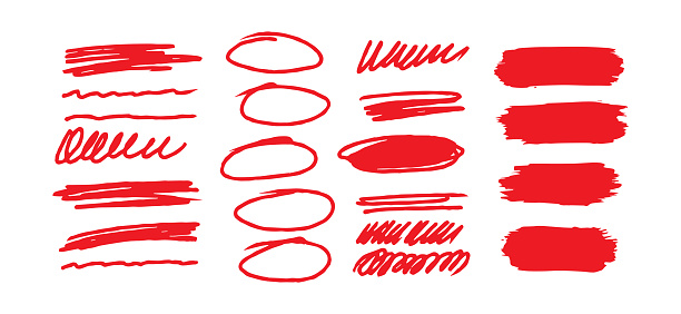 Sketch red brush strokes, underline, emphasis, lines, waves set. Design elements isolated on white background
