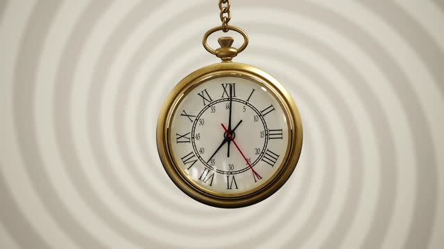 Looping 3D animation of a gold pocket watch swinging on a chain. Swirling pattern motion in the background. Hypnotism concept