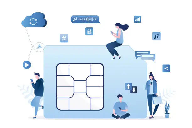Vector illustration of Users near to large sim card and uses smartphones. Mobile internet, fast wireless connection for call, communication, video viewing. Wireless communication technology.