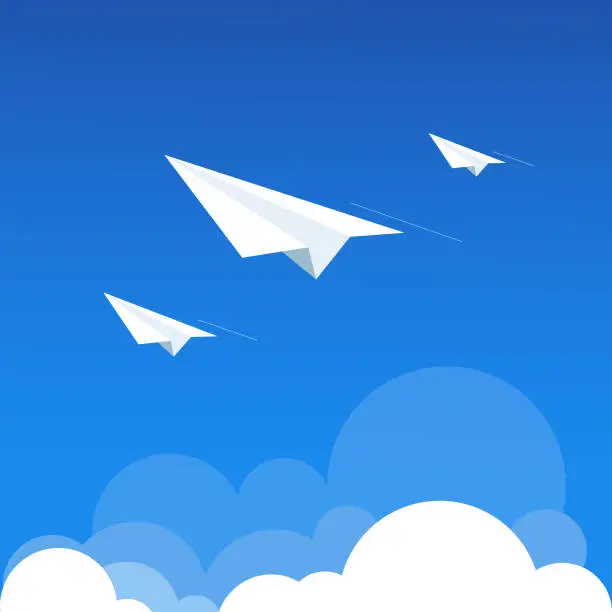 Vector illustration of Three Paper airplanes flying across clouds