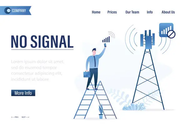 Vector illustration of No signal, landing page template. User standing on ladder and want search internet connection. Hotspot error. Wifi unavailable, wireless connect has no internet.