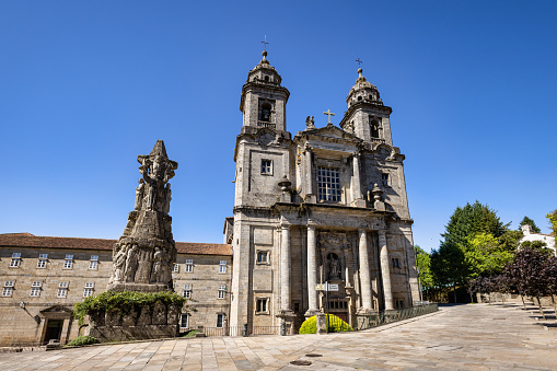 San Francisco Monastery Santiago de Compostela. Iglesia de San Francisco - Saint Francis Church in the City Center of the Santiago de Compostela under blue sunny summer sky. Provincial and Education Centre for the Franciscan Order. Founded by St. Francis himself 1214 during his visit to the city. Santiago de Compostela, Galicia, A Coruna Province, Spain, Europe.