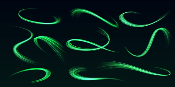 Sparkling green light lines realistic vector illustration set. Abstract illuminous traces 3d elements on black background. Science template