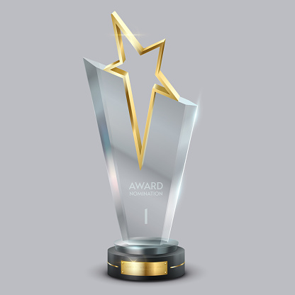 Award trophy of clear acryl with golden star realistic vector illustration. Contest winner appreciation 3d model on light background
