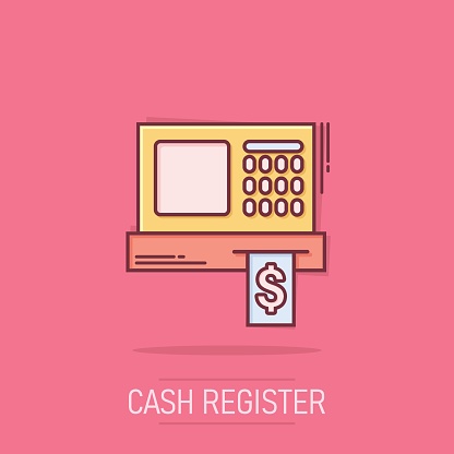 Cash register icon in comic style. Check machine cartoon vector illustration on isolated background. Payment splash effect business concept.