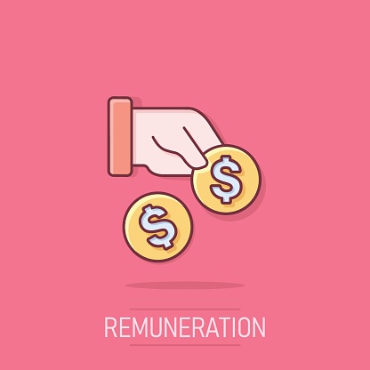 Remuneration icon in comic style. Money in hand cartoon vector illustration on isolated background. Coin payroll splash effect business concept.