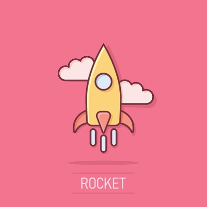 Rocket icon in comic style. Spaceship launch cartoon vector illustration on isolated background. Sputnik splash effect business concept.