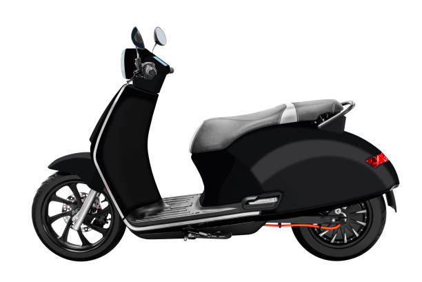 Side view black electric motorcycle isolated on white background with clipping path