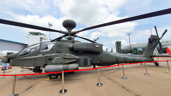 Changi Airport, Singapore - February 12, 2020 : Boeing AH-64D Apache Helicopter Of The Republic Of Singapore Air Force.