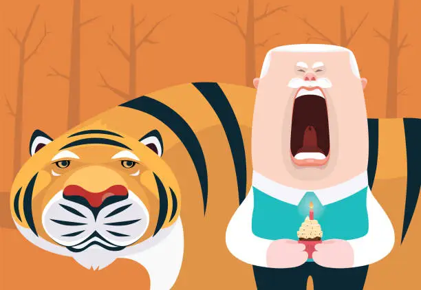 Vector illustration of lonely senior man holding cupcake and screaming beside tiger