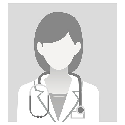 Default placeholder doctor portrait photo avatar on Gray Background. Greyscale. Female silhouette, profile picture for unknown or anonymous individuals. Vector illustration Isolated On White background.