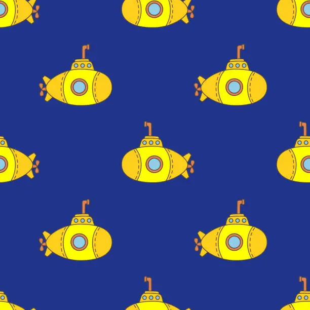 Vector illustration of Seamless hand drawn pattern with stylized cute submarine on dark blue background. Vector cartoon endless pattern for textiles or fabric for newborns and kids