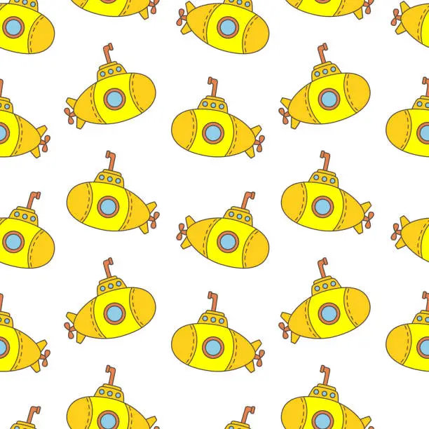 Vector illustration of Seamless hand drawn pattern with stylized cute submarine. Vector cartoon endless pattern for textiles or fabric for newborns.