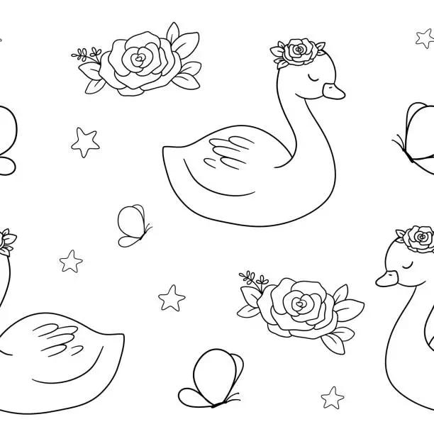 Vector illustration of Cute Swan and flowers. Black and white cartoon seamless pattern for childish coloring book