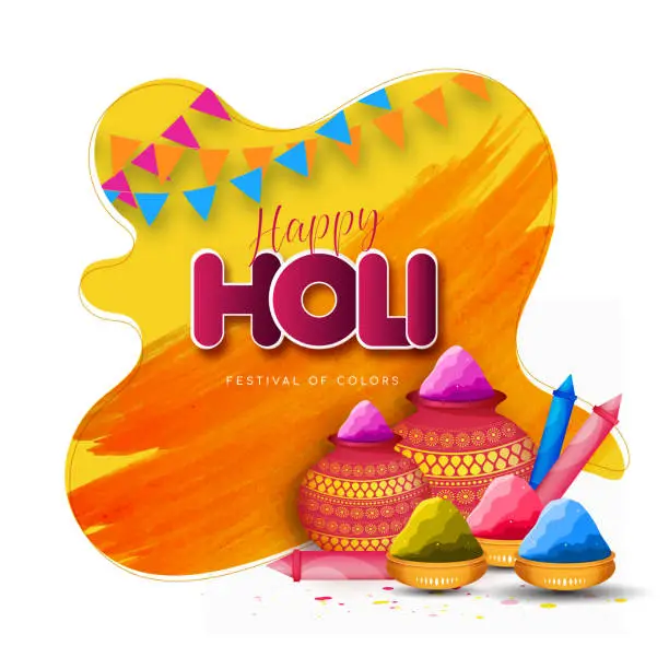 Vector illustration of Happy Holi festival poster template with Holi powder color bowls on multicolor background.