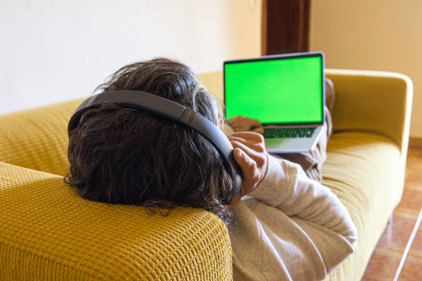 istock Man on a sofa with a laptop displaying a green screen 2075005725