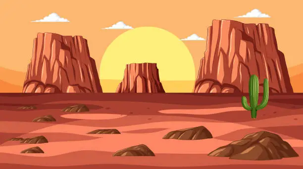 Vector illustration of Vector illustration of a desert landscape at sunset